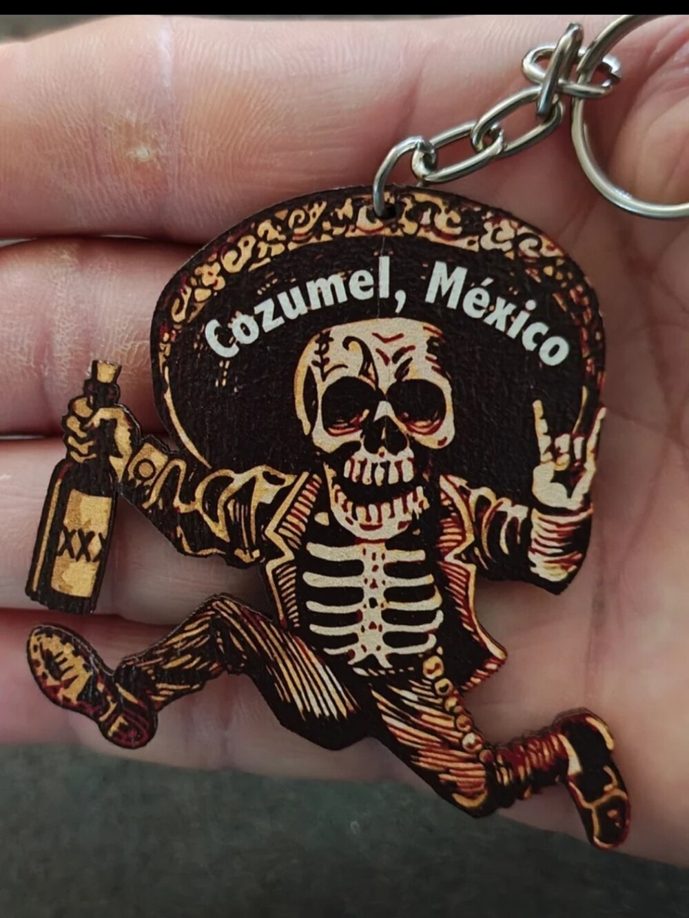 Cozumel Mexico "Posada Borracho" (Drunkard Posada) Skeleton Wood Keychain